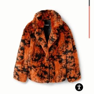 Desigual Short Fur Effect Orange and Black Faux Fur Double Breasted Coat NWT